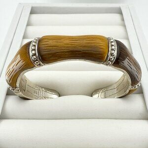 Whitney Kelly Bracelet Cuff Tigers Eye Bamboo Hinged Sterling Silver 54g QVC